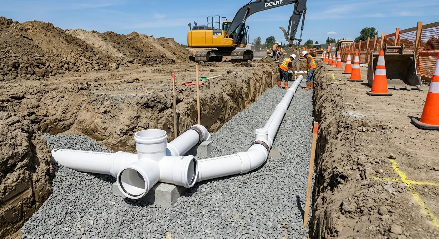 New PVC sewer pipe installation in open trench for Commercial Drain Cleaning in Tarboro