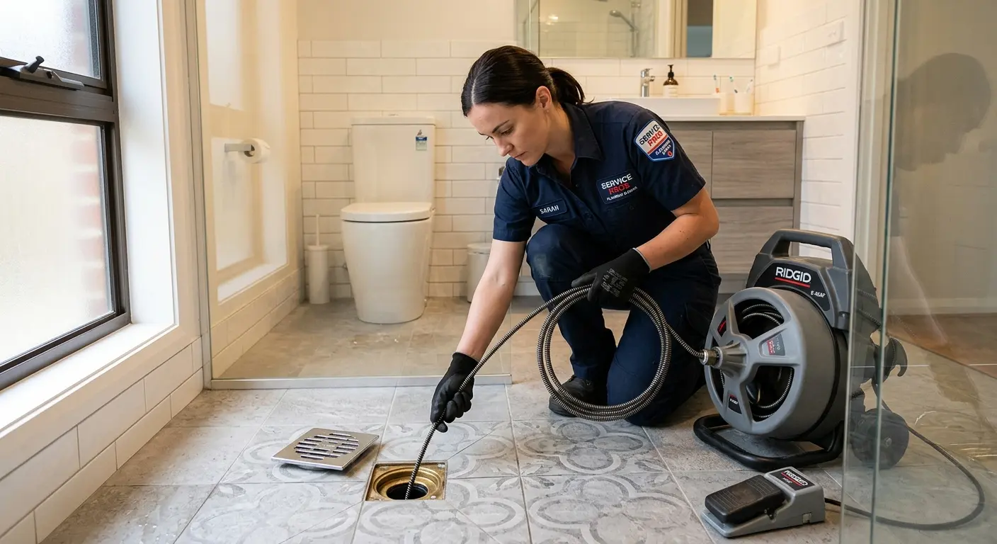 Technician clearing a bathroom floor drain for Sewer Line Replacement in Tarboro